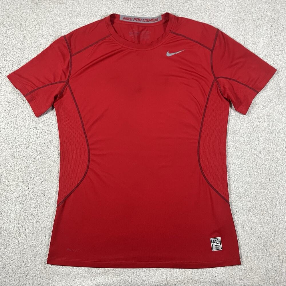 Nike Pro Combat Shirt Men M Red Short Sleeve Performance Fitted Athletic Dri-Fit